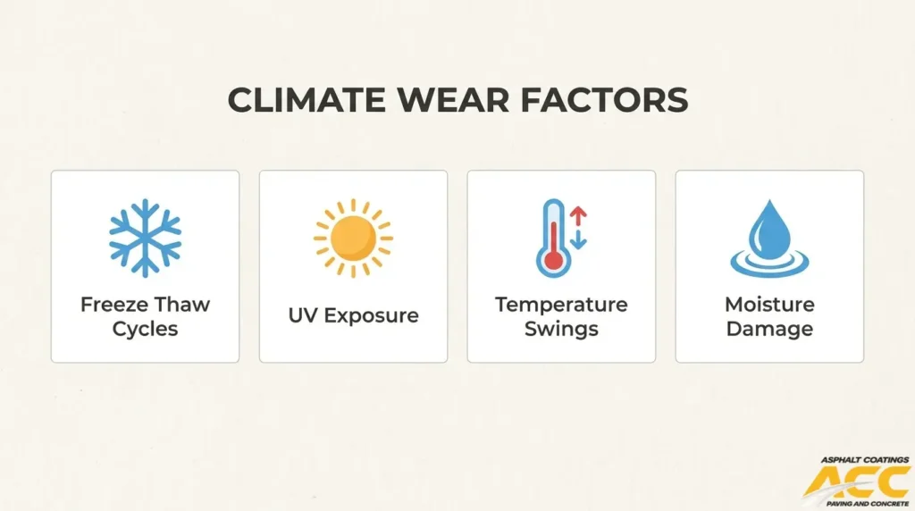Climate factors that wear down parking lot striping, including freeze-thaw cycles, UV exposure, temperature swings, and moisture damage