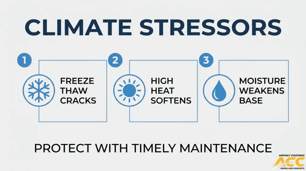 Climate stressors affecting asphalt pavement, including freeze-thaw cracking, high heat, and moisture weakening the base