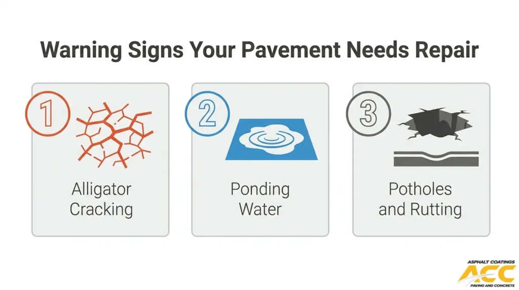 Warning signs asphalt pavement needs repair, including alligator cracking, ponding water, potholes, and rutting
