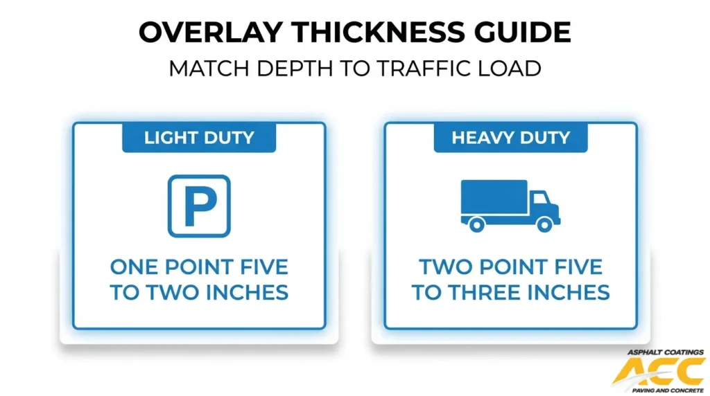 Asphalt overlay thickness guide showing 1.5 to 2 inches for light-duty traffic and 2.5 to 3 inches for heavy-duty traffic