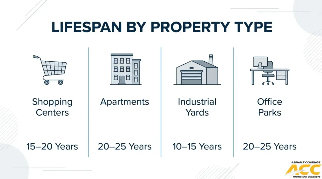 Asphalt pavement lifespan comparison for shopping centers, apartments, industrial yards, and office parks