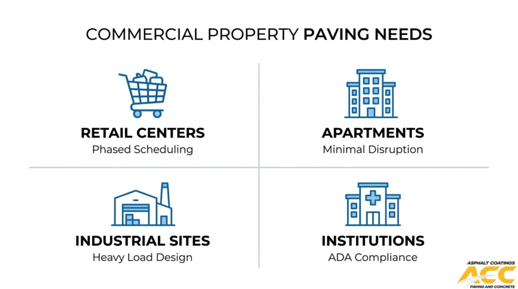 Commercial paving needs for retail centers, apartments, industrial sites, and institutions