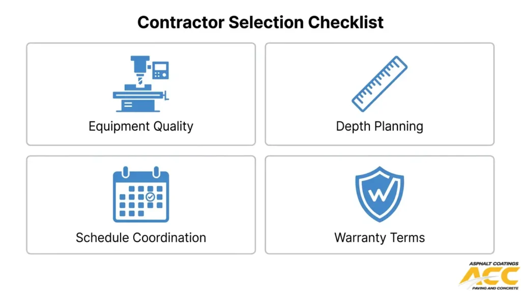 Asphalt milling contractor selection checklist covering equipment quality, depth planning, schedule coordination, and warranty terms