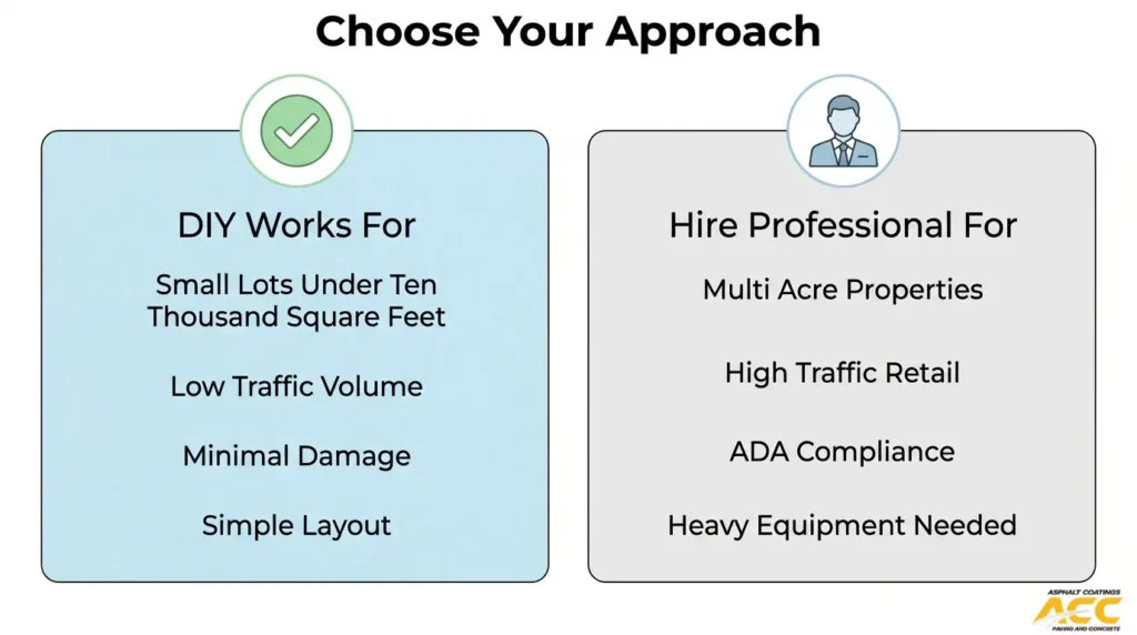 DIY versus professional asphalt sealcoating comparison based on property size, traffic volume, damage, ADA needs, and equipment requirements