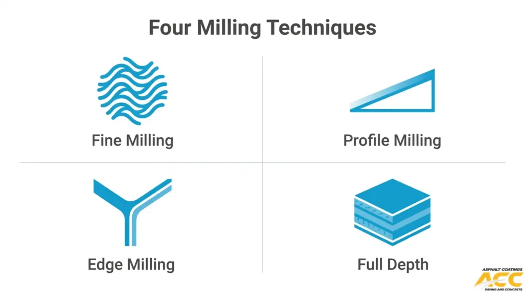 Four asphalt milling techniques comparison showing fine milling, profile milling, edge milling, and full-depth milling