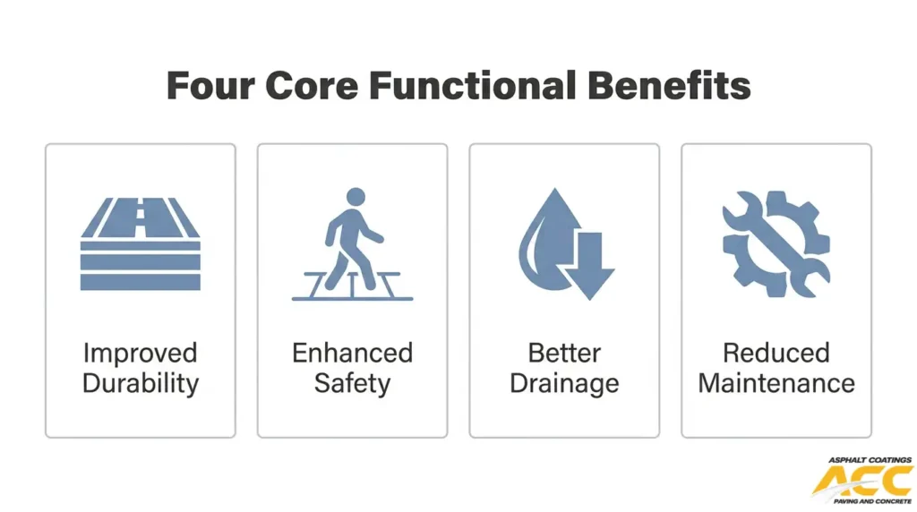 Four core benefits of professional asphalt paving: improved durability, enhanced safety, better drainage, and reduced maintenance