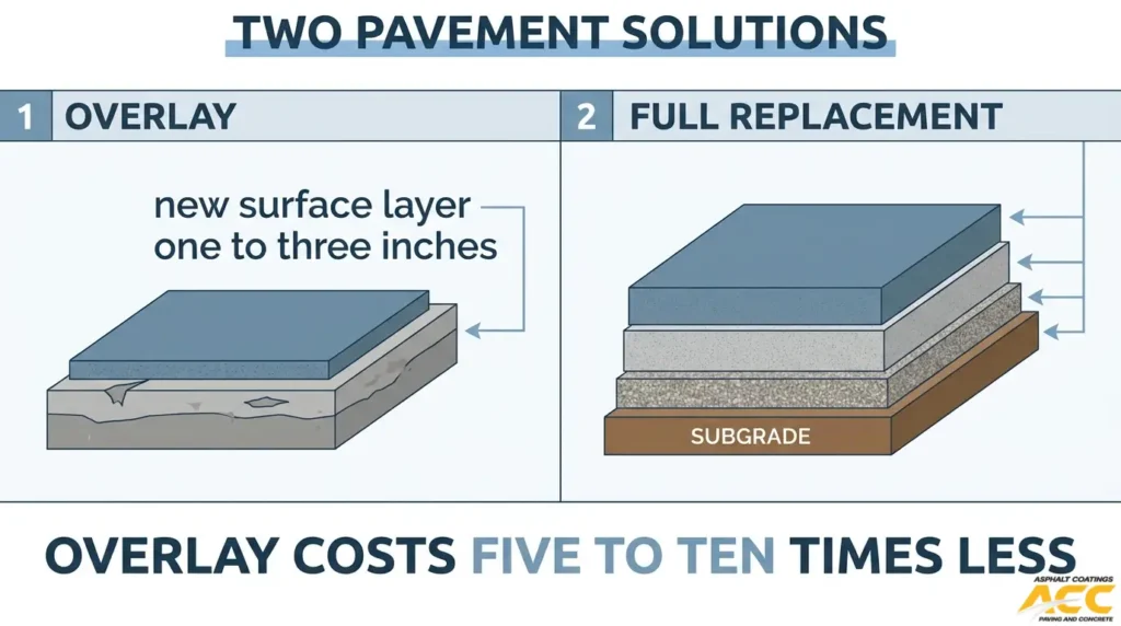 Asphalt overlay versus full pavement replacement diagram comparing a new surface layer with complete base reconstruction