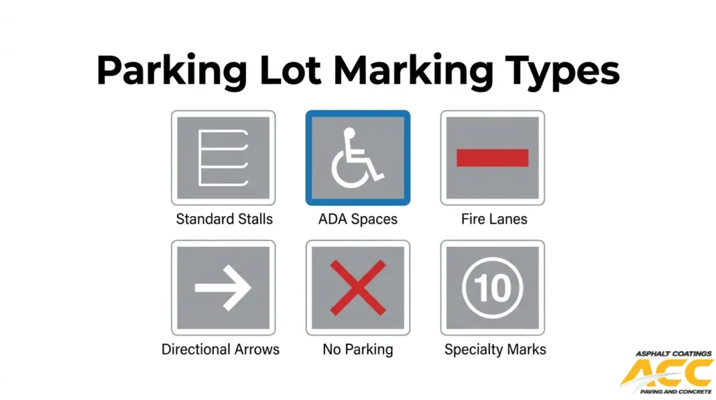 Parking lot marking types including standard stalls, ADA spaces, fire lanes, directional arrows, no-parking zones, and specialty markings