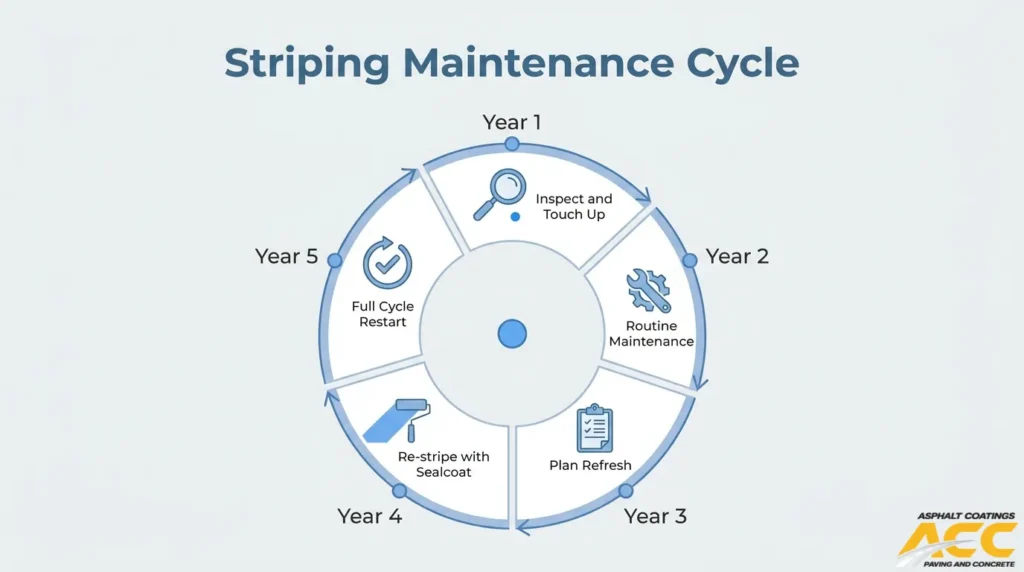 Parking lot striping maintenance cycle showing annual inspection, routine maintenance, restriping, and five-year refresh cycle