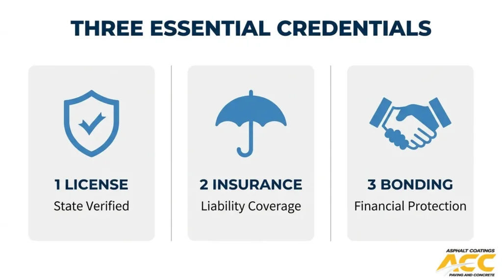 Essential paving contractor credentials including state license, liability insurance, and bonding