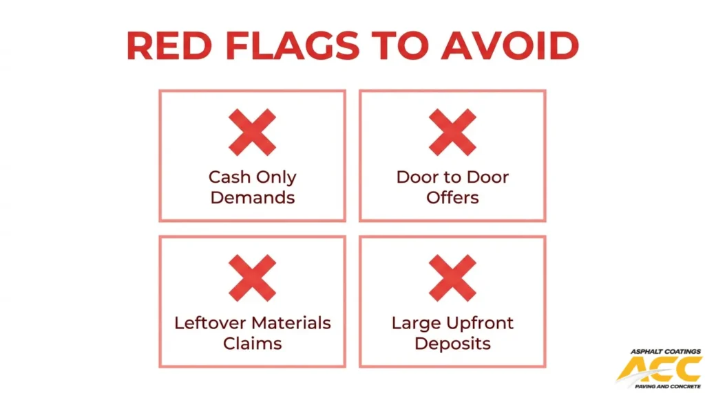 Paving contractor red flags including cash-only demands, door-to-door offers, leftover material claims, and large deposits