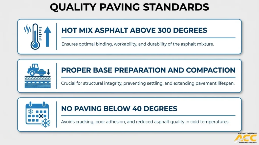 Quality asphalt paving standards covering hot mix temperature, proper base preparation, compaction, and cold-weather limits