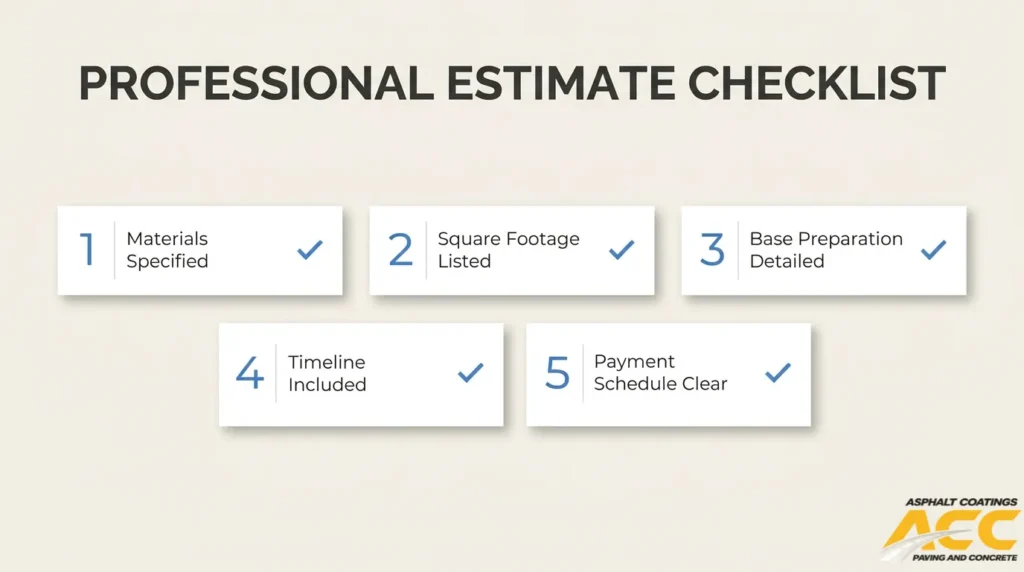 Professional paving estimate checklist covering materials, square footage, base preparation, timeline, and payment schedule