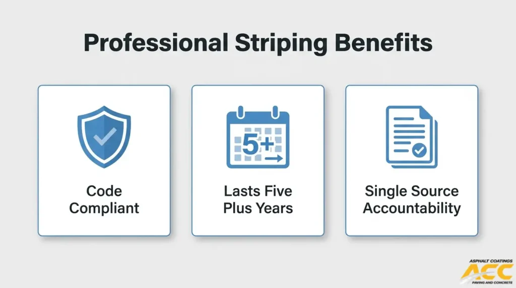Professional parking lot striping benefits including code compliance, long-lasting markings, and single-source accountability