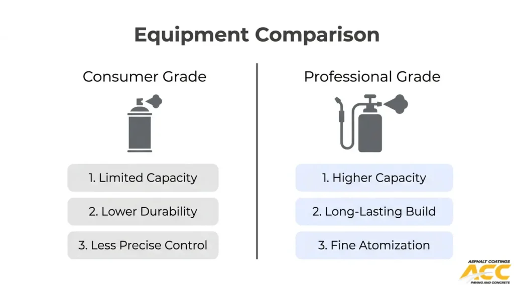 Consumer-grade vs professional-grade pavement striping equipment comparison showing capacity, durability, and spray precision