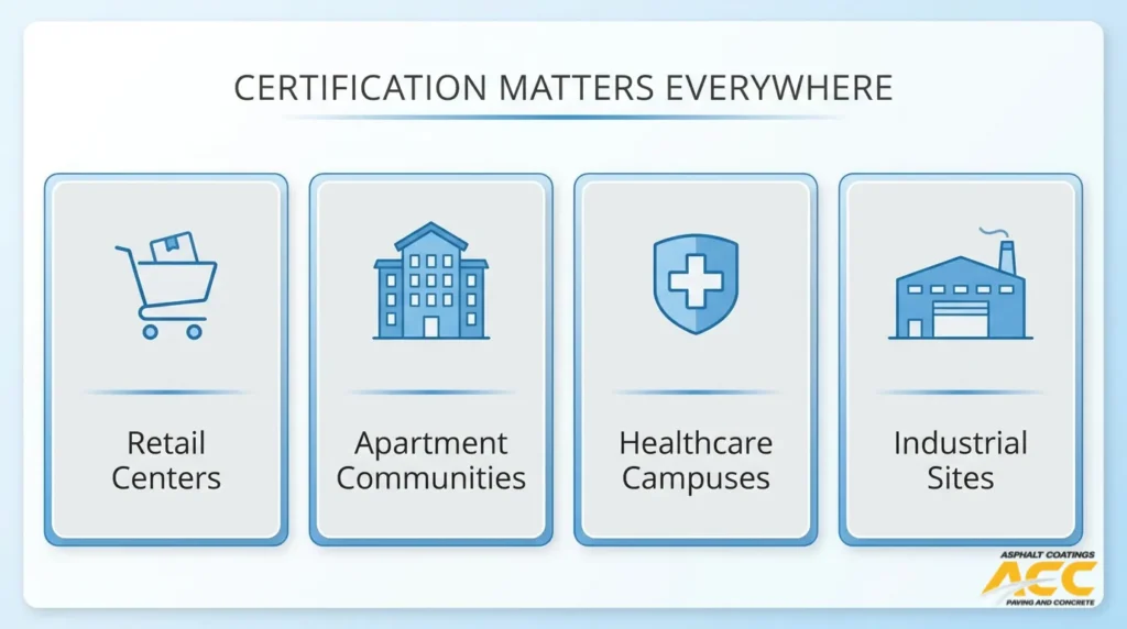 Certified paving operator benefits for retail centers, apartment communities, healthcare campuses, and industrial sites