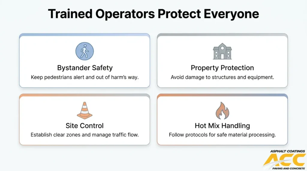 Trained equipment operators improve bystander safety, property protection, site control, and hot mix handling
