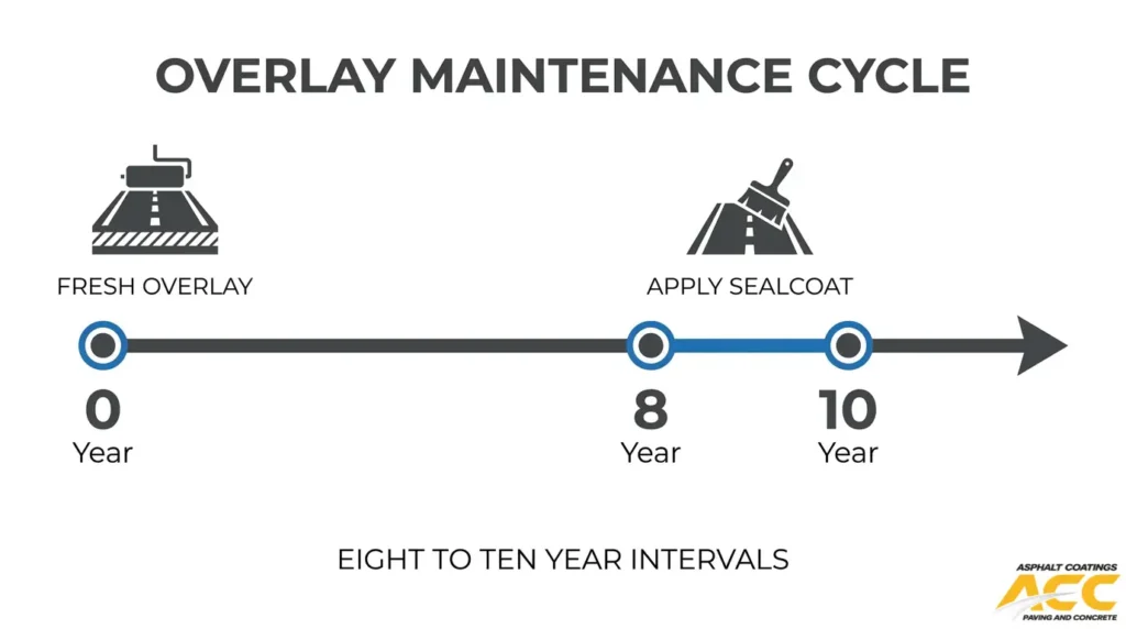 Asphalt overlay maintenance timeline showing a fresh overlay and sealcoating at approximately eight to ten years