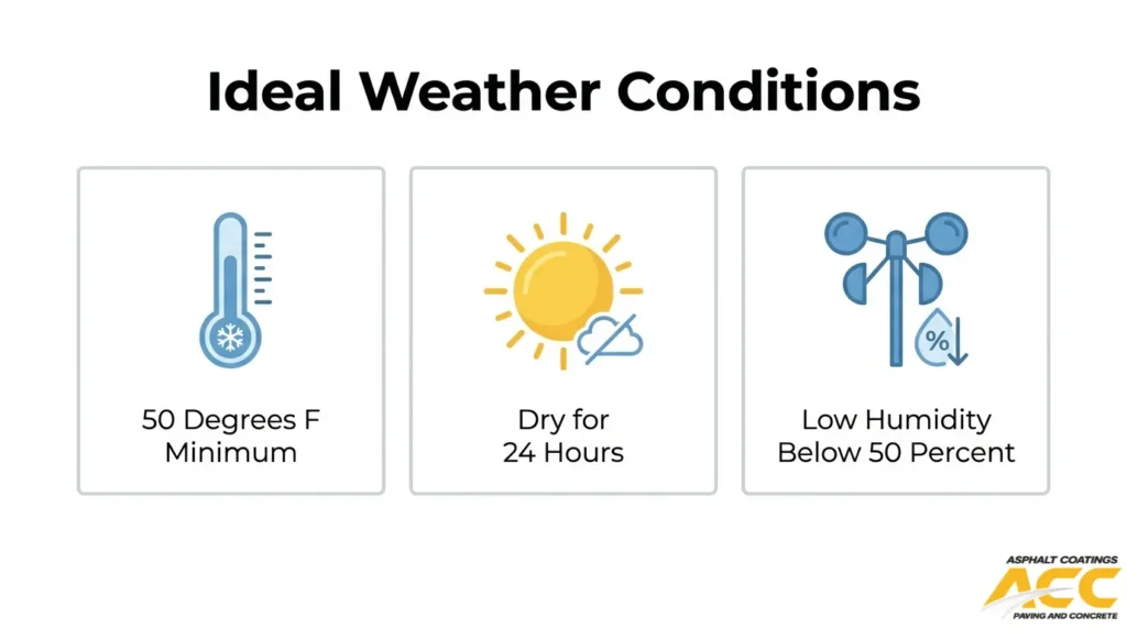 Ideal weather conditions for asphalt sealcoating, including temperatures above 50°F, 24 hours of dry weather, and low humidity