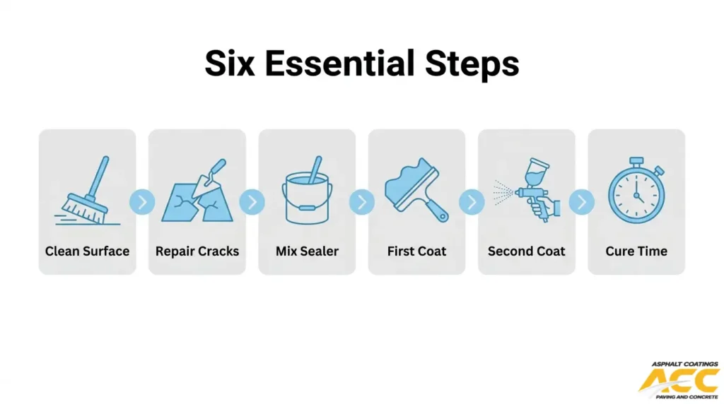 Six essential asphalt sealcoating steps: surface cleaning, crack repair, sealer mixing, first coat, second coat, and curing