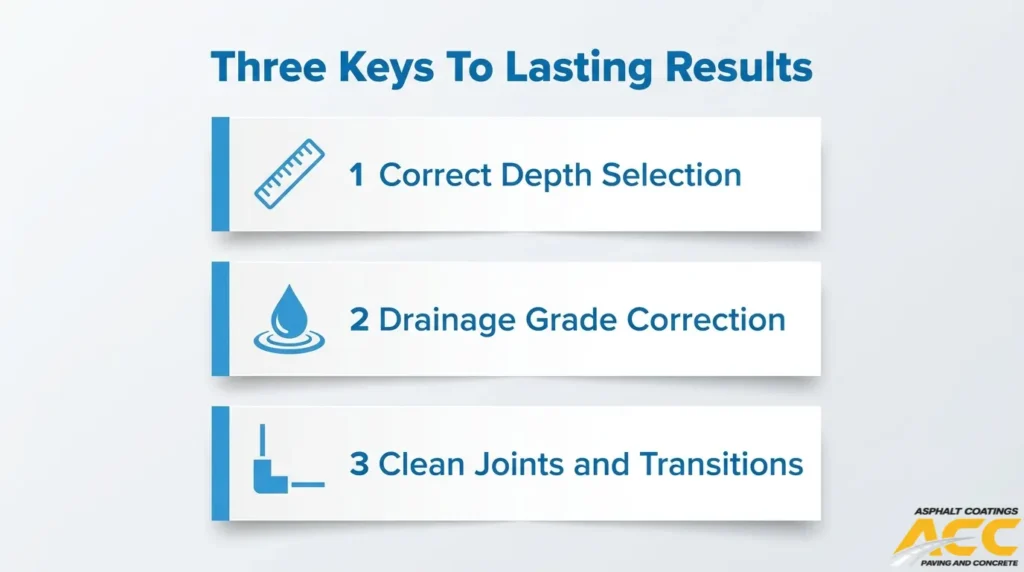 Asphalt milling best practices showing correct depth selection, drainage grade correction, and clean joints and transitions