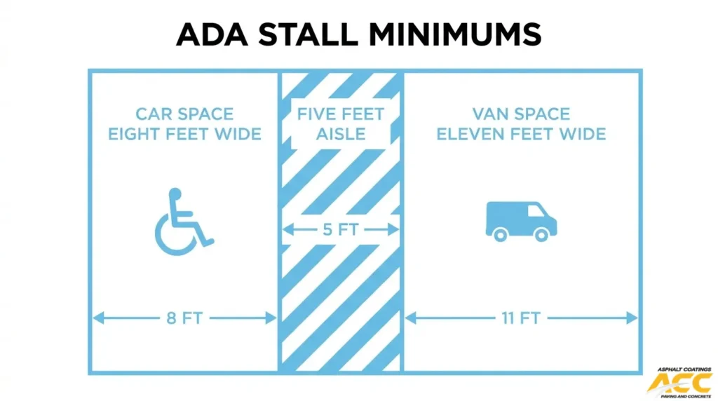 ADA accessible parking dimensions showing an 8-foot car space, 11-foot van space, and 5-foot access aisle.