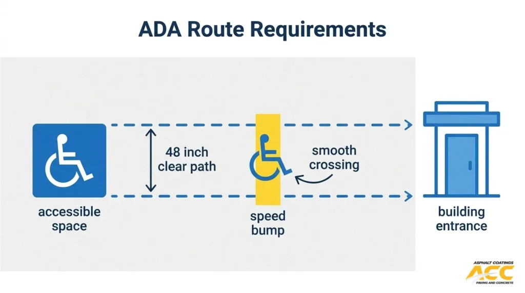 ADA accessible route diagram showing a 48-inch clear path and smooth crossing around a parking lot speed bump.