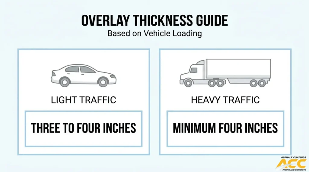 Asphalt overlay thickness guide showing three to four inches for light traffic and a minimum of four inches for heavy traffic.