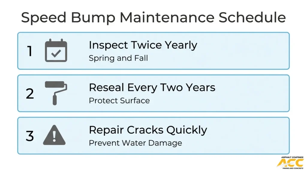 Speed bump maintenance schedule showing twice-yearly inspections, resealing every two years, and prompt crack repairs.