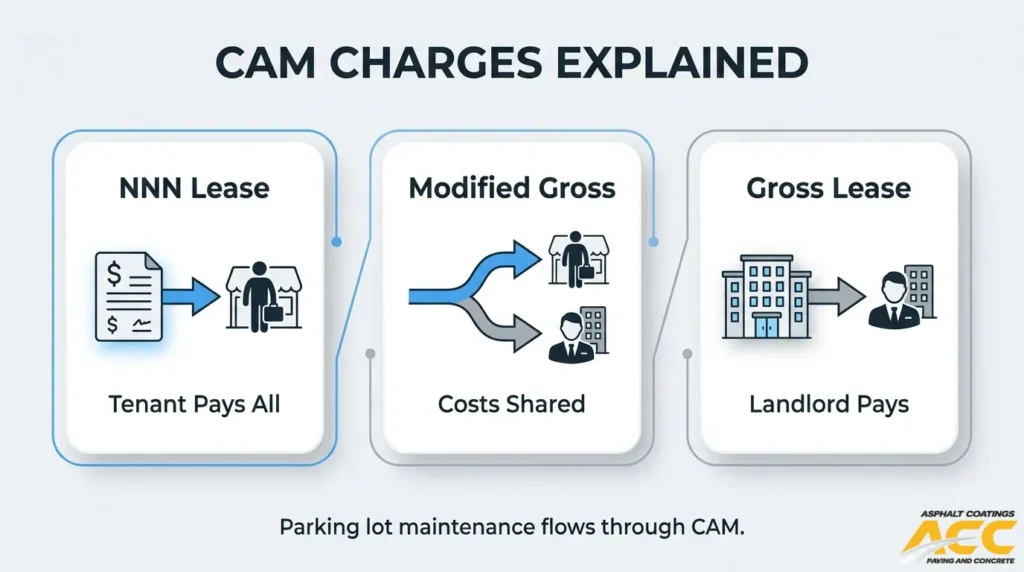CAM charges comparison showing parking lot maintenance costs under triple net, modified gross, and gross commercial leases.