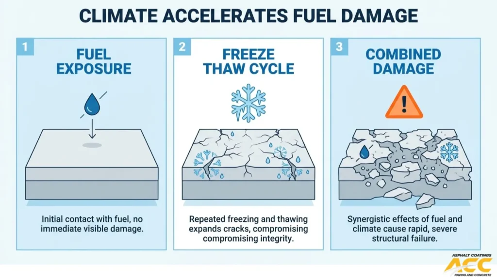 Diagram showing how fuel exposure and freeze-thaw cycles contribute to asphalt cracking and structural pavement damage.