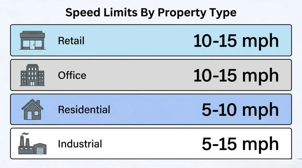 Parking lot speed limits by property type, including retail, office, residential, and industrial locations.