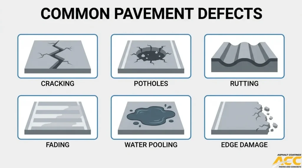 Six common parking lot pavement defects, including asphalt cracking, potholes, rutting, fading, water pooling, and edge damage.