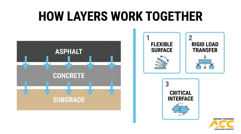 Asphalt over concrete pavement diagram showing a flexible asphalt surface, rigid concrete load transfer, and the critical interface between layers.
