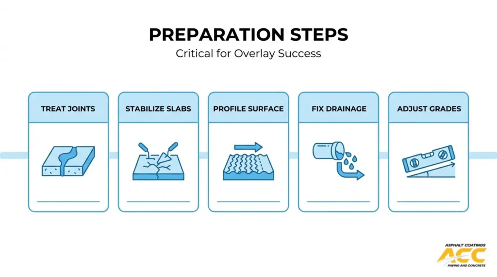 Preparation steps before paving asphalt over concrete, including treating joints, stabilizing slabs, profiling the surface, fixing drainage, and adjusting grades.
