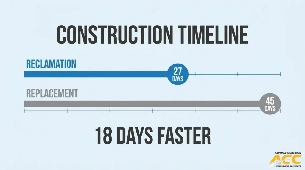 Construction timeline comparing 27 days for asphalt reclamation and 45 days for replacement, an 18-day difference.