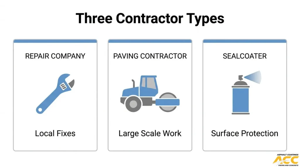 Three types of asphalt contractors: repair companies for local fixes, paving contractors for large projects, and sealcoaters for surface protection.