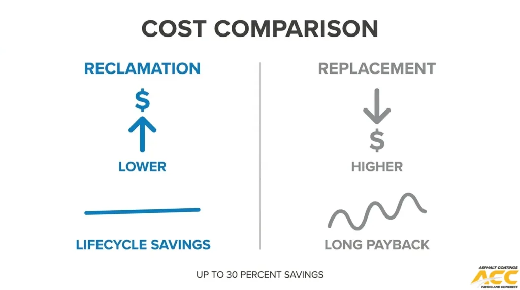 Cost comparison of asphalt reclamation versus replacement showing lower lifecycle costs and potential savings of up to 30 percent.
