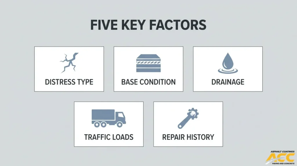 Five factors for determining asphalt reclamation suitability: pavement distress, base condition, drainage, traffic loads, and repair history.