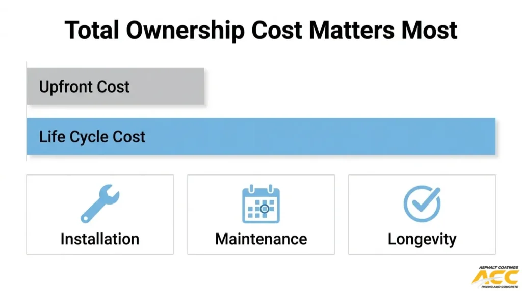 Fuel-resistant paving cost comparison highlighting installation expenses, ongoing maintenance, and long-term pavement lifespan.