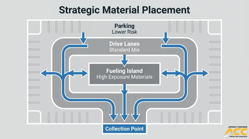 Fuel-resistant paving layout showing gas station fueling islands, vehicle lanes, parking areas, and drainage collection points.