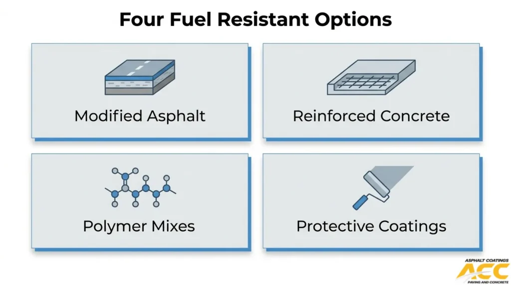 Four fuel-resistant paving materials: modified asphalt, reinforced concrete, polymer mixes, and protective surface coatings.
