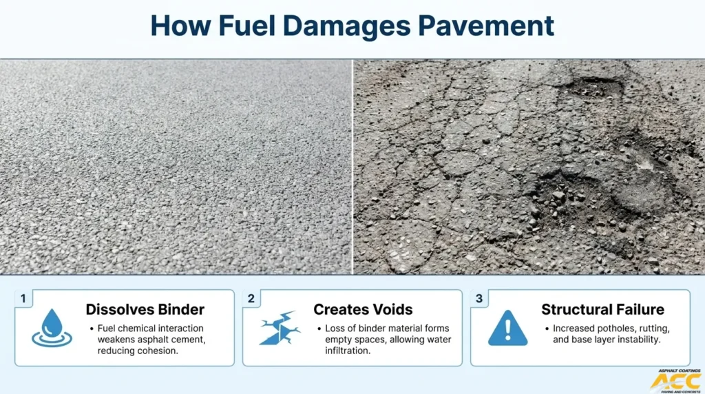 Comparison of intact and damaged asphalt showing how fuel spills weaken pavement binders, create voids, and cause structural deterioration.