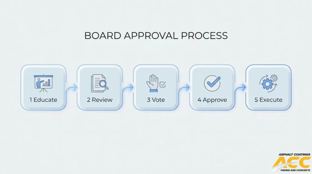 Five-step HOA board approval process for paving projects, including education, review, voting, approval, and execution.