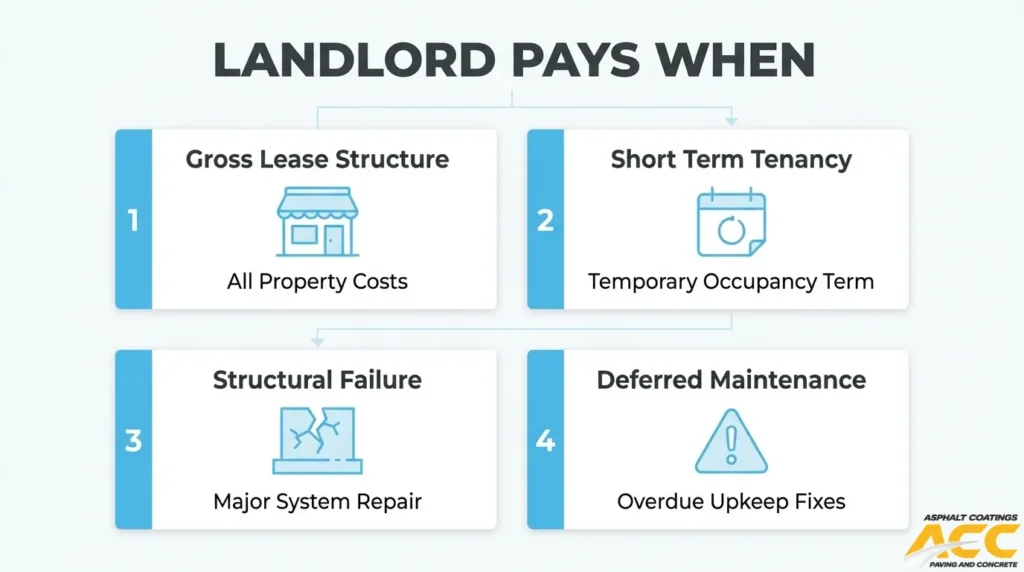 Four scenarios for landlord parking lot repaving responsibility, including gross leases, short-term tenancies, structural failure, and deferred maintenance.