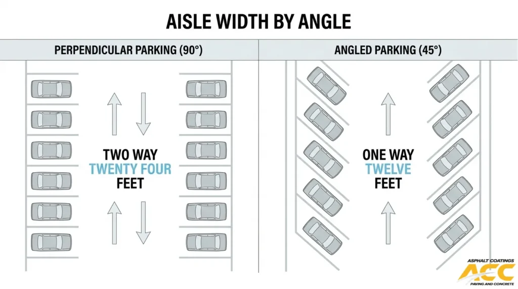 Parking aisle width comparison showing 24-foot two-way aisles for 90-degree parking and 12-foot one-way aisles for 45-degree parking.