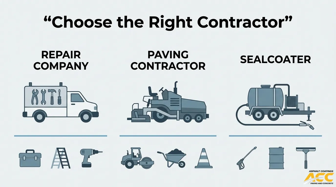 Parking Lot Repair Company vs. Paving Contractor vs. Sealcoater: Who Should You Call for Each Parking Lot Problem?
