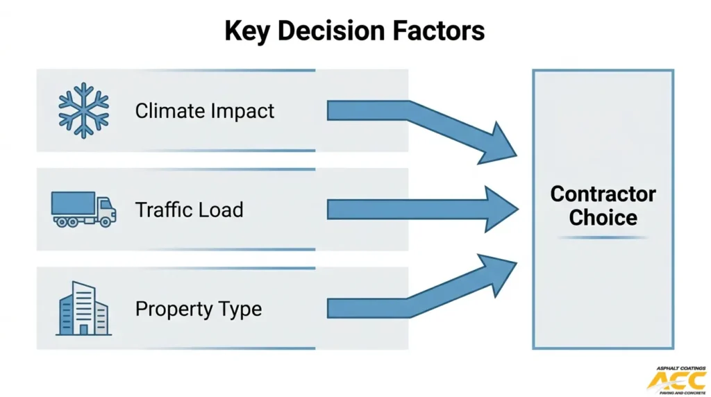 Key factors for choosing a parking lot contractor, including climate conditions, traffic load, and property type.