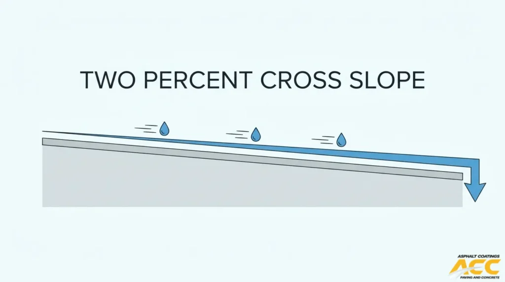 Diagram illustrating a 2 percent parking lot pavement cross slope directing stormwater toward drainage areas.