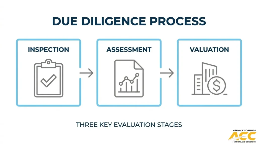 Three-stage parking lot due diligence process covering pavement inspection, condition assessment, and commercial property valuation.